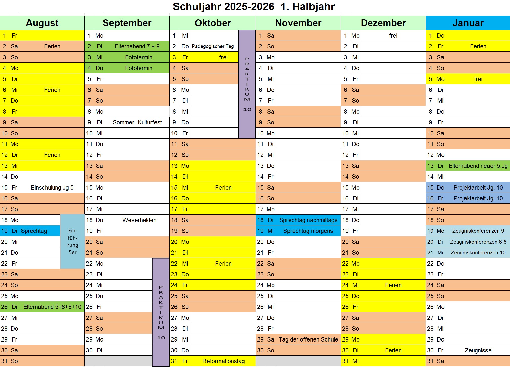 Termine der Schule im 1. Halbjahr des Schuljahres 2025/2026