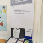 Station 2: Die Weltreise von Jeans und T-Shirt. An der Station liegt ein Taschenrechner und drei Infokarten. Zudem ein Zettel mit Aufgaben.
