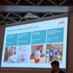 Folie mit der Übersicht der vier Gewinner in der Kategorie Ressourcenschonung: Die Bauteilbörse macht schlau vom Verein Bau und Bildung e.V. Auf dem Weg zur klimaneutralen Schule von der OS Helgolander Straße Nachhaltige Trinkflachen von der GTS Andernacher Straße FutureFashion - Ein Kleiderschrank im Wandel von Fashion Revolution Bremen