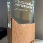 Pokal der unten aus Holz und oben auf Plastik besteht. Unten rechts in der Ecke steht swb. Im oberen Teil steht Ausgezeichnetes Umweltprojekt - gefördert von swb