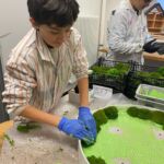 Ein Schüler klebt das Moos an den Rand des runden, weißen Holzgestells.