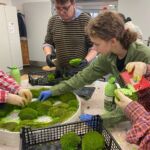 Der Künstler und zwie Schülerinnen kleben das Moos in den weißen, runden Holzrahmen.