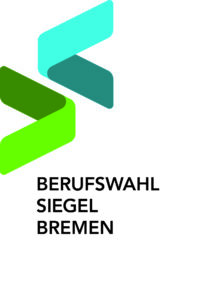Eine Abbildung des Berufswahlsiegel Bremen mit entsprechendem Text. Das Siegel besteht aus einem grünen und einem blauen Dreieck.