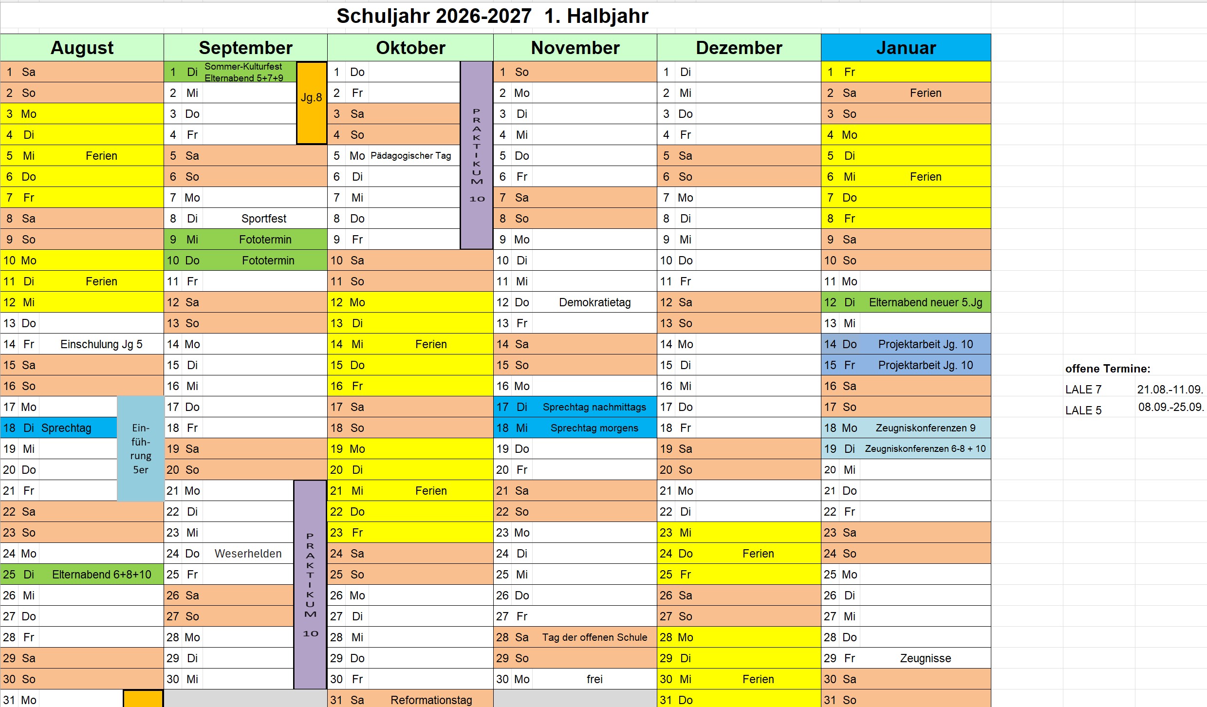 Termine der Schule im 1. Halbjahr des Schuljahres 2026/2027
