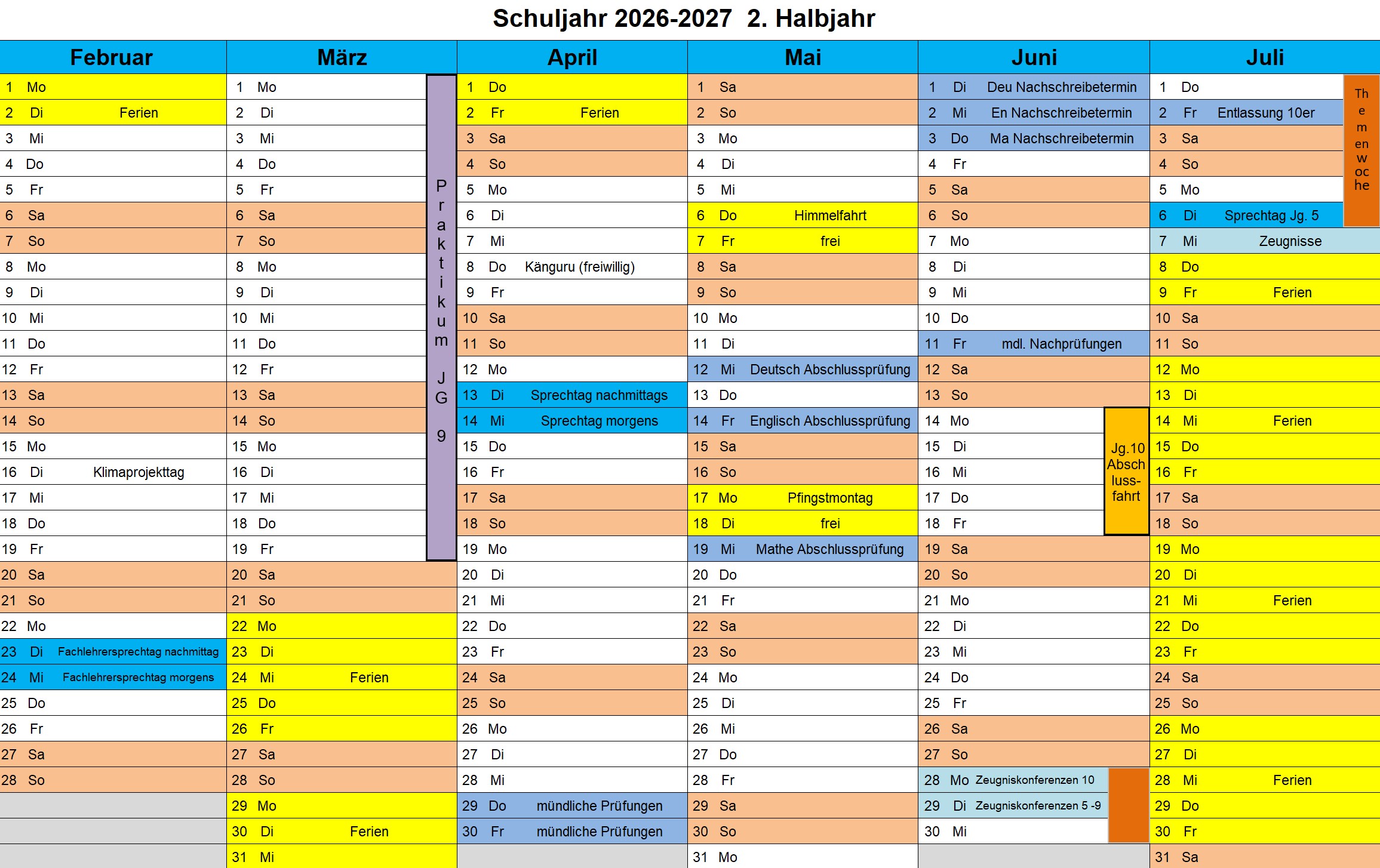 Termine der Schule im 2. Halbjahr des Schuljahres 2026/2027