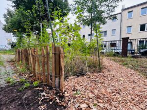 Holzzaun vor einer Wildblumenwiese und einem Weg aus Rindenmulch vor einem mehrstöckigen Wohngebäude
