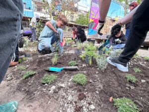 Kinder und Erwachsene pflanzen Kräuter und kleine Pflanzen in einem Gartenbeet auf einem Schulhof
